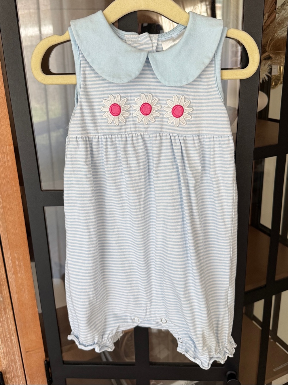 Stitchy Fish bubble romper Gerbera Gal Applique daisy peter pan collar flowers